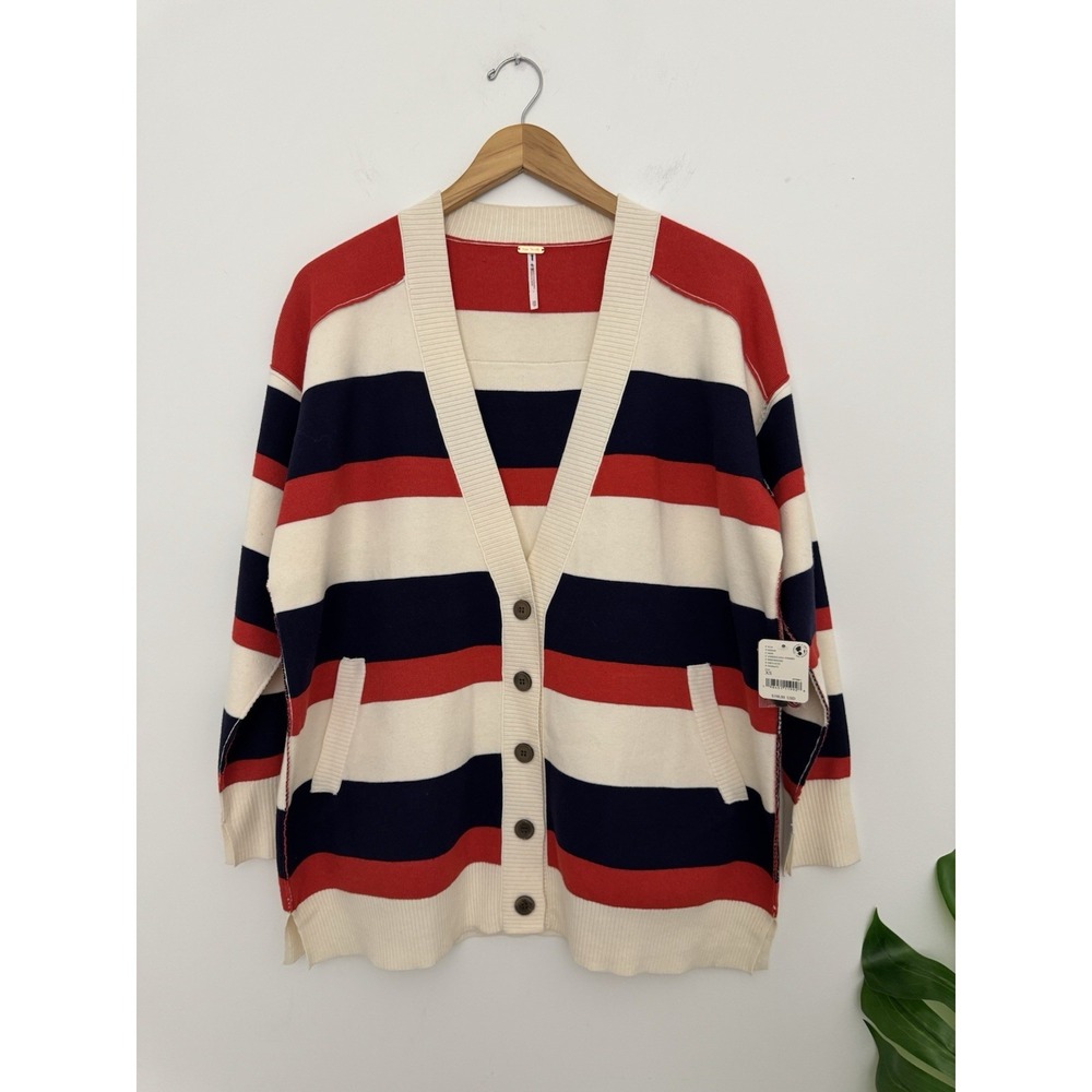 Free People League of Their Own Striped Cardigan in Americana Combo XS OVERSIZED